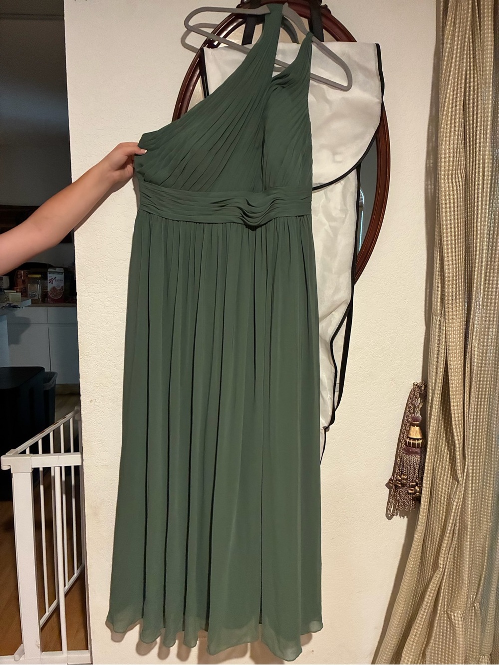 Pleated one shoulder Dress in eucalyptus